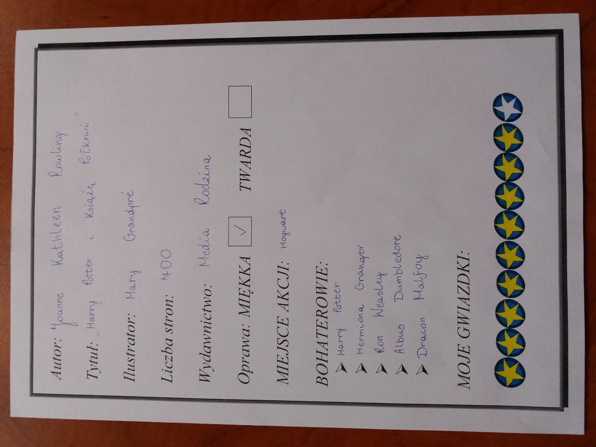 Przykładowa, wypełniona karta Pożeracza Książek