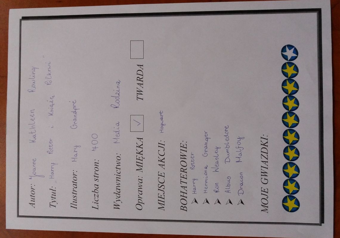 Przykładowa, wypełniona karta Pożeracza Książek