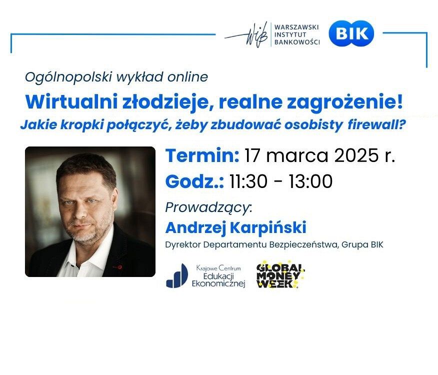 Grafika promująca ogólnopolski wykład online pt. Wirtualni złodzieje, realne zagrożenie!