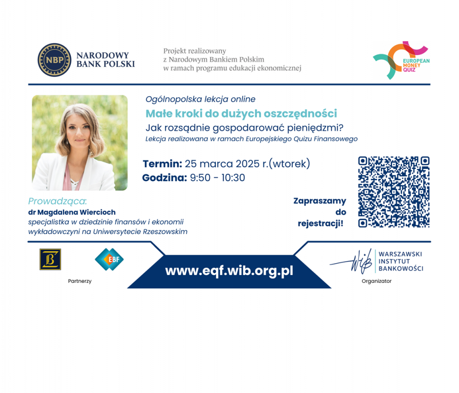 Grafika promująca Ogólnopolską lekcję online Małe kroki do dużych oszczędności