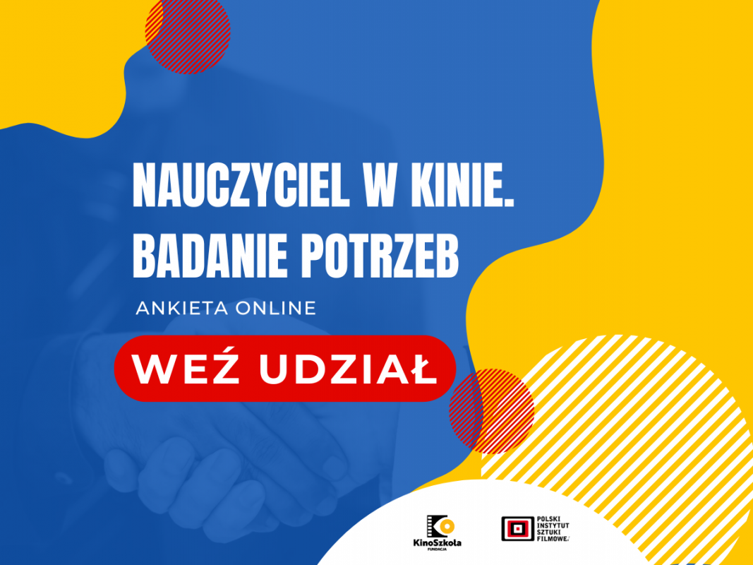 Grafika promująca Ogólnopolskie badanie "Nauczyciel w kinie. Badanie potrzeb"